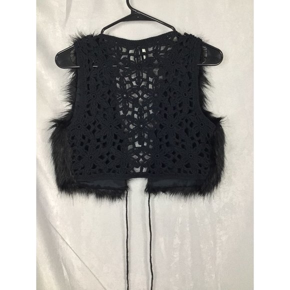 Women's Top Shop Faux Fur Open Knit Black Vest Tie Bottom Small - Picture 8 of 8